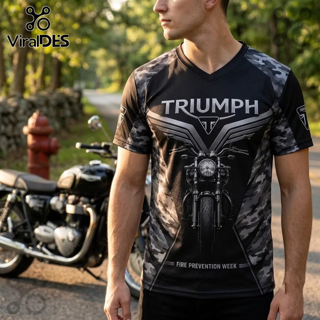 Triumph Motorcycle Camo Firefighter V-Neck Shirt Triumph Motorcycle Camo Firefighter V-Neck Shirt