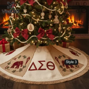 Delta Sigma Theta Decorative Holiday Tree Skirt in burlap and cream featuring red elephant emblems and Greek letters.