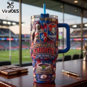 Newcastle Knights 38 Years Stanley Tumbler with blue handle, featuring team logos and McDonald Jones Stadium graphics.
