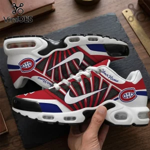 Montreal Canadiens Custom Name Air Max Plus sneakers in red, white, and blue with team logo and personalized text overlay.
