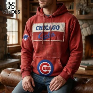 MLB Chicago Cubs Red Distressed Hoodie featuring a raw-edge chest patch, blue team lettering, and a round sleeve logo.