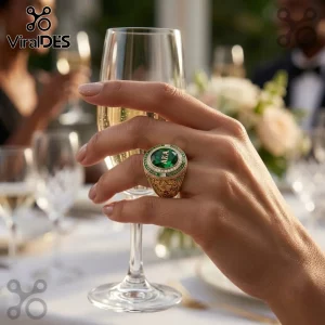 Alpha Kappa Alpha Sisterhood Green Stone Ring featuring gold filigree and AKA engraving worn on a finger holding a glass.