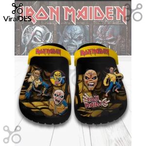 Iron Maiden Eddie Mascot Crocs Clogs shoes featuring black foam, yellow heel straps, and metal band graphic Jibbitz charms.