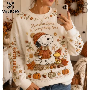 Personalized Snoopy Autumn Pumpkin Spice Sweatshirt in cream with Snoopy, Woodstock, fall foliage, and text design.