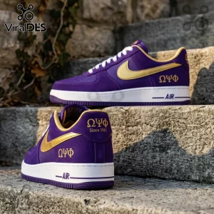 Omega Psi Phi Purple Suede Air Force 1 Sneakers featuring gold swoosh logos and Greek lettering on a stone staircase.