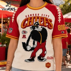 Kansas City Chiefs NFL Mascot Embroidered Shirt featuring a wolf mascot, red and white fabric, and vintage lettering.
