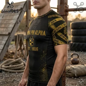 Alpha Phi Alpha 1906 Compression Turtleneck Shirt in black and gold with fraternity crest and typographic sleeve design.