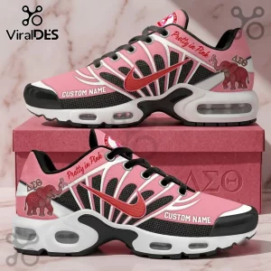 Delta Sigma Theta Pink Breast Cancer Awareness Air Max Plus sneakers featuring elephant motifs and Pretty in Pink text.