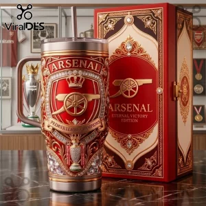 Arsenal Premier League Champions 40oz handle tumbler with metallic red finish, gold cannon crest, and trophy graphics.