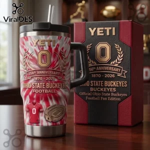 Ohio State Buckeyes 156th Anniversary Stanley Tumbler with red and white tie-dye design, jersey graphic, and stadium image.