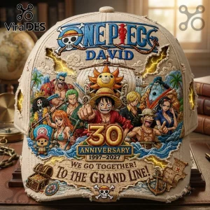 One Piece 30th Anniversary Personalized Beige Cap featuring Straw Hat crew illustrations, 30th logo, and embroidered text.