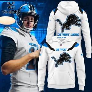 Detroit Lions Nike White Performance Hoodie featuring the team logo, black detailing, and blue accents on white fabric.