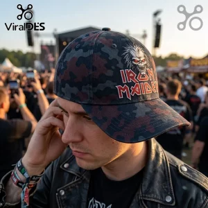 Iron Maiden Eddie Camouflage Snapback Cap featuring an embroidered skull logo on a dark woodland camo fabric background.