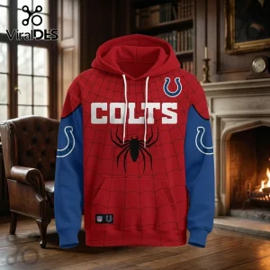 Indianapolis Colts x Spider-Man Brand New Day Hoodie featuring a red spiderweb pattern, blue sleeves, and team logos.