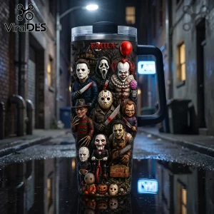 Spooky Horror Villains Halloween 2026 Tumbler 40oz featuring iconic cinema monsters in a dark 3D relief graphic design.