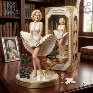Marilyn Monroe Blonde Bombshell Hollywood Collectible Figure wearing a white pleated dress, displayed on a marble base.