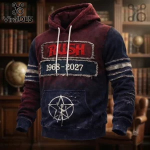 Rush 1968-2027 Starman Pullover Hoodie featuring distressed red and navy fabric, white drawstrings, and band iconography.
