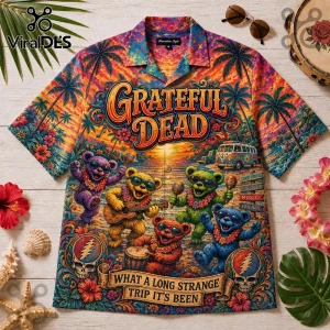 Grateful Dead Dancing Bears Hawaiian shirt featuring colorful bears, tropical sunset background, and music iconography.