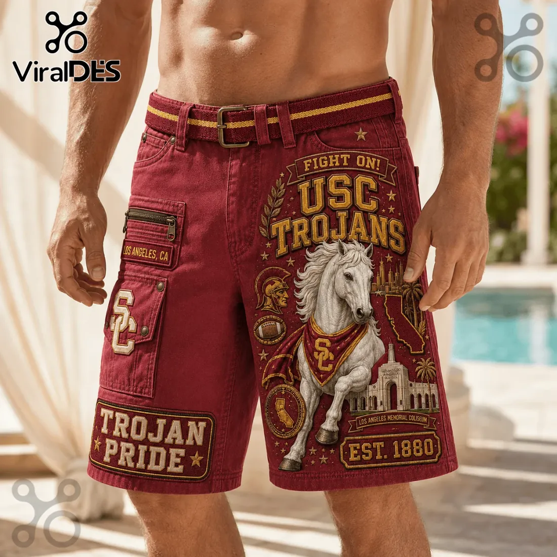 USC Trojans Red Mascot Cargo Casual Shorts USC Trojans Red Mascot Cargo Casual Shorts
