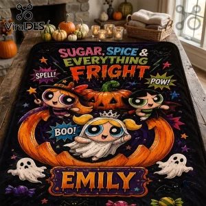 Powerpuff Girls Personalized Halloween Fright Fleece Blanket featuring Blossom, Buttercup, and Bubbles in spooky costumes.