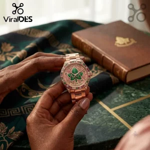 Alpha Kappa Alpha Ivy Leaf Stainless Steel Women Watch in rose gold with a green ivy leaf dial and crystal bezel.