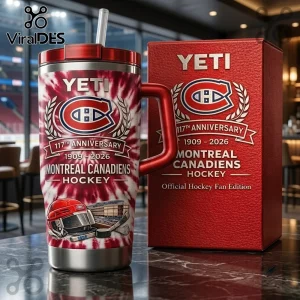 Montreal Canadiens 117th Anniversary Stanley Tumbler featuring a red tie-dye pattern, team logo, and hockey equipment art.