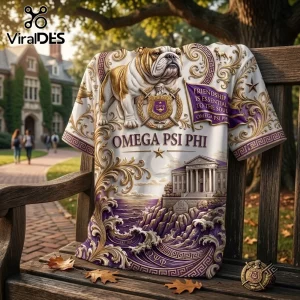 Omega Psi Phi Fraternity Mascot Howard University shirt featuring a bulldog, crest, and campus architecture in gold and purple.