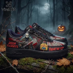 Jason Voorhees Horror Movie Custom Air Force 1 shoes featuring blood splatter, hockey mask art, and Camp Crystal Lake logos.