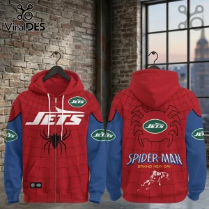 New York Jets x Spider-Man Brand New Day Hoodie featuring red and blue web patterns with team logos on a zip-up style.