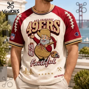 San Francisco 49ers Mascot 1946 Patch Shirt featuring a 49ers miner mascot, red sleeves, and gold accents on cream fabric.
