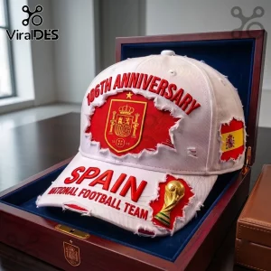 Spain National Football Team 106th Anniversary white cap with red distress patches, embroidered crest, and trophy icon.