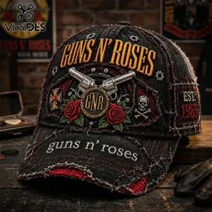 Guns N' Roses Vintage Distressed Embroidered Baseball Cap featuring gold lettering, silver revolvers, and red roses.