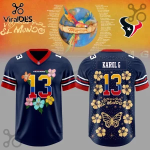 Karol G Tropitour Houston Texans Navy Blue Jersey front and back views featuring floral prints and number 13 embroidery.