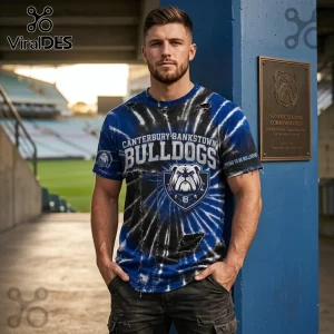 Canterbury Bankstown Bulldogs mascot shirt with a blue and black tie-dye pattern, distressed fabric, and team logo graphic.