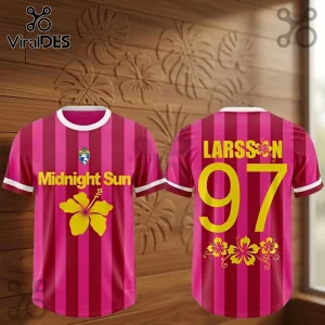 Zara Larsson Midnight Sun 2026 pink football jersey with vertical stripes, yellow hibiscus graphics, and number 97 print.