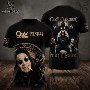 Ozzy Osbourne Rock and Roll Hall of Fame black shirt featuring a front portrait print and back throne graphic design.