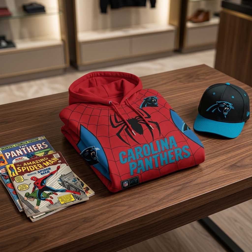 the carolina panthers x spider-man brand new day hoodie neatly folded on a sleek wooden table with a baseball cap and comic books