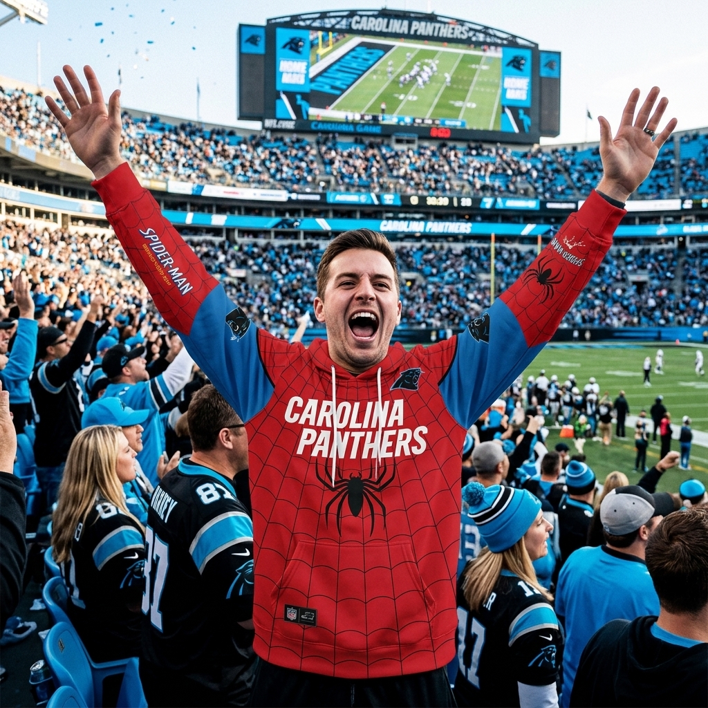 a male fan cheering enthusiastically in an NFL stadium setting wearing the carolina panthers x spider-man brand new day hoodie