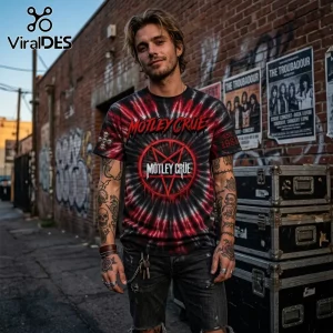 Motley Crue Tie Dye Pentagram T-Shirt 2026 featuring red and black swirl pattern, band logo, and pentagram graphic.