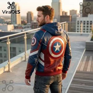 Marvel Captain America Shield Hoodie featuring a red, white, and blue faux-leather design with a shield back graphic.
