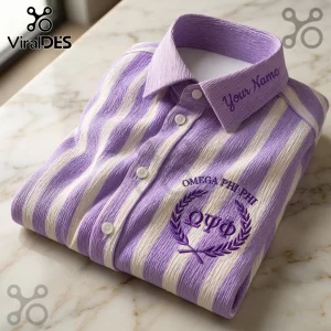 Omega Psi Phi Embroidered Striped Long Sleeve Button-Up Shirt in lavender and white with custom collar embroidery.