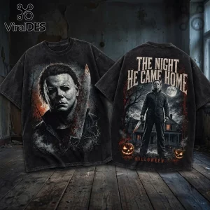 Michael Myers Halloween Horror Movie T-Shirt 2026 featuring a black vintage wash, character mask, knife, and text graphic.
