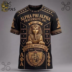 Alpha Phi Alpha Fraternity 1906 gold emblem t-shirt featuring a pharaoh graphic, Greek letters, and black and gold design.