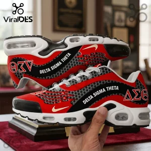 Delta Sigma Theta Sorority Performance Air Max Plus Shoes in red and black with white text and Greek lettering.
