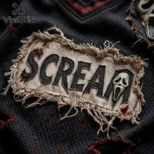 Scream Ghostface Slasher Horror Movie T-Shirt 2026 featuring a distressed fabric patch with black embroidery on mesh fabric.