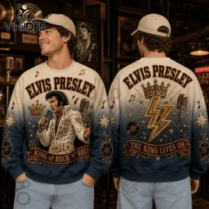 Elvis Presley The King Lives On Blue Ombre Ugly Sweater featuring Elvis singing, a gold crown, microphone, and music notes.
