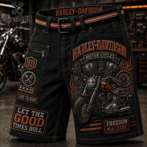 Harley-Davidson Vintage Motorcycle Black Denim Shorts with orange flame graphics, engine art, and embroidered patches.