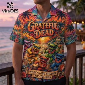 Grateful Dead Dancing Bears Hawaiian shirt featuring colorful bears playing music on a beach at sunset with palm trees.