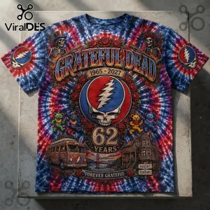 Grateful Dead Haight Ashbury 1965-2027 Anniversary Shirt with red, white, and blue tie-dye and classic band icons.