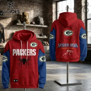 Green Bay Packers x Spider-Man Brand New Day Hoodie featuring red spiderweb patterns, blue sleeves, and team logos.